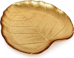 Stakleni poslužavni tanjur u obliku lista, zlatni, 18 × 16 cm
