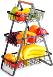 Trokatna metalna košara za voće s drvenom ručkom, crna