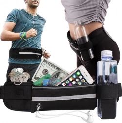 Trkačka torbica za struk s držačem za bocu, reflektirajućom trakom i otvorom za slušalice – crna