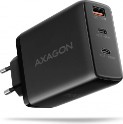 AXAGON mrežni punjač GaN 100 W, 3 porta (USB‑A + dvostruki USB‑C), crna
