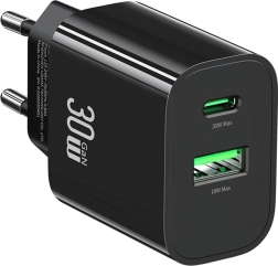 Mrežni punjač 30 W s USB‑C i USB‑A, brzo punjenje, crni USAMS