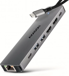 AXAGON HMC-7HX2 višeportni USB‑C hub 7‑u‑1 s 2× HDMI 4K/60 Hz, 2× USB‑A, USB‑C, GLAN i PD 100 W