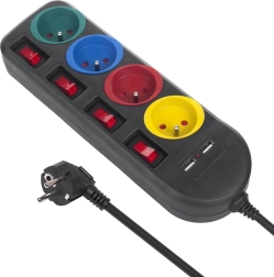 Višestruka utičnica s prekidačima 4 utičnice + 2xUSB crna