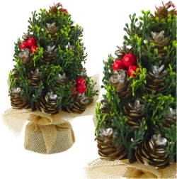 Mini božićno drvce s češerima i crvenim bobicama 17 × 10 cm