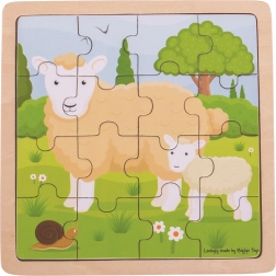 Drvene puzzle u okviru ovčica s janjetom BIGJIGS TOYS, 18 dijelova