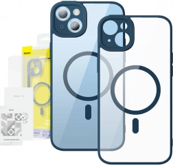 Prozirna magnetska maskica i kaljeno staklo Baseus za iPhone 14 Plus plava