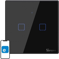 Pametni dodirni prekidač SONOFF T3 EU, Wi‑Fi + RF 433, 2‑kanalni, crni