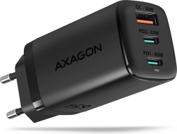 mrežni punjač AXAGON GaN 65W, 3 porta (USB-A + 2× USB-C), PD 3.0/QC 4+, PPS, crna