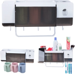 Zidni organizator za četkice za zube s dozatorom paste i 3 čaše, bijeli