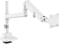 Bijelo plinsko monitor ramię s kliještom za stolnu ploču, 57" / 27 kg, VESA 75x75 i 100x100