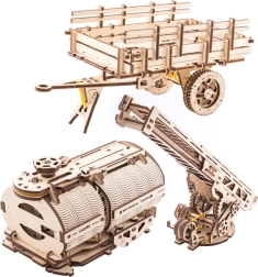 UGEARS dodatna oprema za kamion UGM-11 – vatrogasne ljestve, kiperska karoserija i cisterna (3D drveni mehanički moduli)