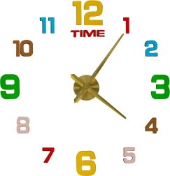 Zidni samoljepljivi DIY sat 80–90 cm, zlatne kazaljke, šarene brojke