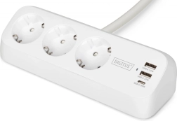 Stolna produžna prenaponska letvica sa stegom, 3 schuko utičnice, 2× usb‑a 12 w, 1× usb‑c 30 w, kabel 1,5 m, bijela