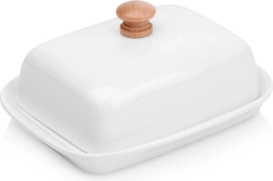 Keramička bijela posudica za maslac s drvenom ručkom