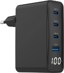 Univerzalni GaN punjač 100W 1xUSB-A 3xUSB-C Brzo punjenje LCD crna