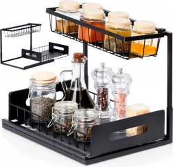 Dvokatna kuhinjska polica s izvlačnom ladicom, metalna, crna 36 × 27 × 28,5 cm