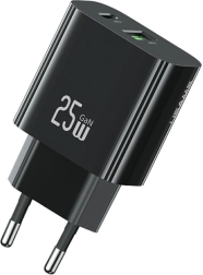 Mrežni punjač 25 W s 1× USB‑C i 1× USB‑A, brzo punjenje, crna