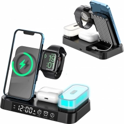 Bežična 4-u-1 stanica za punjenje s satom i noćnom lampicom 15 W za Qi, iPhone, Apple Watch i AirPods