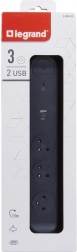 produžni zaštitni razdjelnik s 3 utičnice s USB A/C, 1,5 m, crni