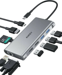 Aluminijski USB‑C hub 10-u-1 s Ethernetom, HDMI 4K, VGA, čitačem kartica i PD 100 W AUKEY