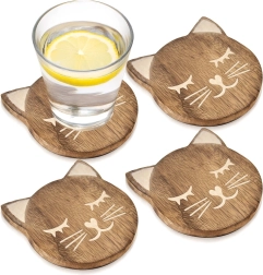 Drveni podlošci od mangovog drva u obliku mačke 10 × 11 cm, set 4 kom
