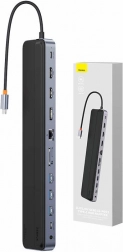 USB‑C razdjelnik 12-u-1 BASEUS EliteJoy Gen2 s 2× HDMI, DP, 3× USB 3.0, PD 100 W, RJ45 i čitačem SD/TF (tamnosiva)