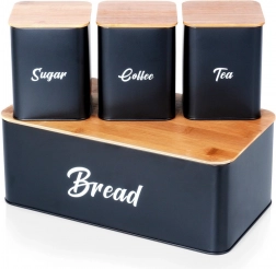 Crna metalna kutija za kruh s bambuskim poklopcem i set posuda za šećer, kavu i čaj 4 kom