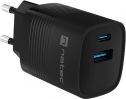 Natec Ribera GaN USB punjač 30 W, 1x USB-A, 1x USB-C, crna