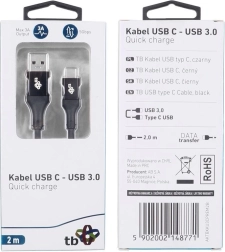 USB kabel USB 3.0 - USB-C 2m Premium 3A crni