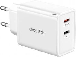 Choetech GaN mrežni punjač 65 W, 2× USB‑C (bijela)