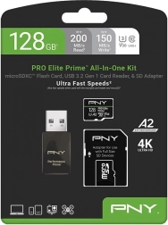 pny microsdxc pro elite prime 128 gb + sd adapter + usb-a čitač
