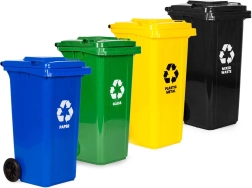 Set 4 vanjskih kanti za otpad 4×120 l s gumenim kotačima – papir, staklo, plastika/metal i miješani otpad
