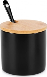 Keramička posuda za šećer s bambuskim poklopcem i žličicom, crna 250 ml