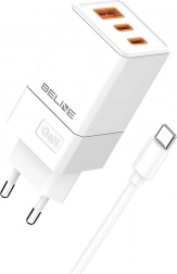 Mrežni punjač 65W GaN 2x USB‑C + USB‑A s USB‑C kabelom – Bijela