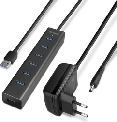 USB 3.2 Gen 1 hub AXAGON sa 7 priključaka i punjenjem, aluminijski, s adapterom