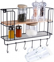 Kuhinjska zidna polica s kukama 41 × 12 × 25,5 cm, metal i drvo