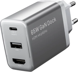Vention GaN mrežni punjač s USB‑C, USB‑A i HDMI 4K 60 Hz (sivi)