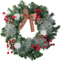 Božićni vijenac sa šiškama, crvenim bobicama i kariranom mašnom 30 cm