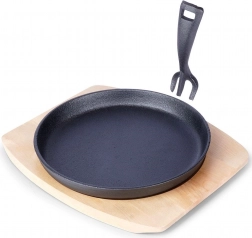 Lijevanoželjezna poslužna tava s drvenom daskom 22 cm, set od 2 dijela