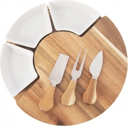 Rotirajuća akacijeva poslužavna daska za sireve s 3 zdjelice i 3 noža, set od 7 dijelova