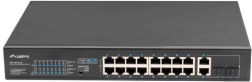 Neupravljani PoE+ switch 16× Fast Ethernet s 2× Combo Gigabit uplinkom, rack 19", 150 W