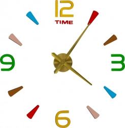 Zidni samoljepljivi DIY sat, 80–90 cm, zlatne kazaljke, šarene oznake, 4 znamenke