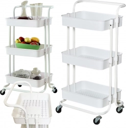 Pomični troetažni metalni regal s dubokim policama – bijeli