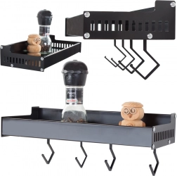 Zidna aluminijska polica za začine s kukama, crna