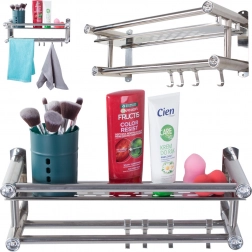 Viseća kupaonska polica s kukicama i dvostrukom šipkom za ručnike, aluminij, srebrna