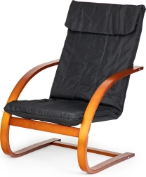 Finska lounge njihajuća stolica ModernHome za dnevni boravak – crna tkanina, orahovo drvo