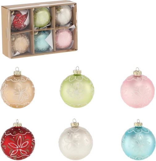 Set staklenih božićnih kuglica 8 cm – mix šarenih uzoraka (6 kom)