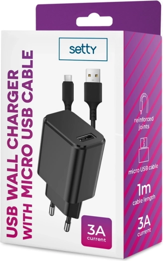Mrežni punjač SETTY 1x USB 3A crni + microUSB kabel 1 m