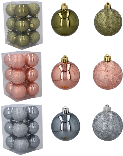 Set plastičnih božićnih ukrasa 6 cm – maslinasta, bakrena i grafitna, 12 kom