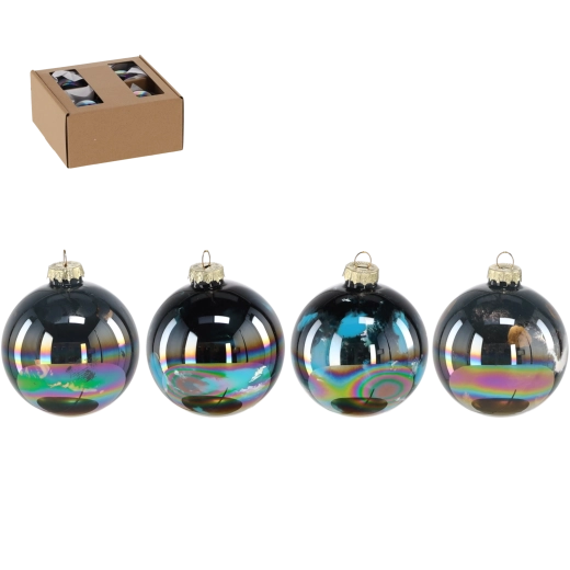 Set staklenih božićnih kuglica 8 cm s benzinskim (iridescentnim) efektom, 4 kom